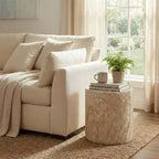 LeisureMod Vintara Round Accent Table - Brushed Stone-Style Fiberstone Side Table