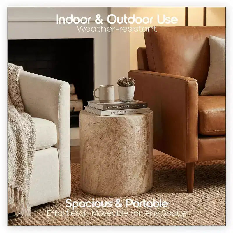 LeisureMod Vintara Round Accent Table - Brushed Stone-Style Fiberstone Side Table