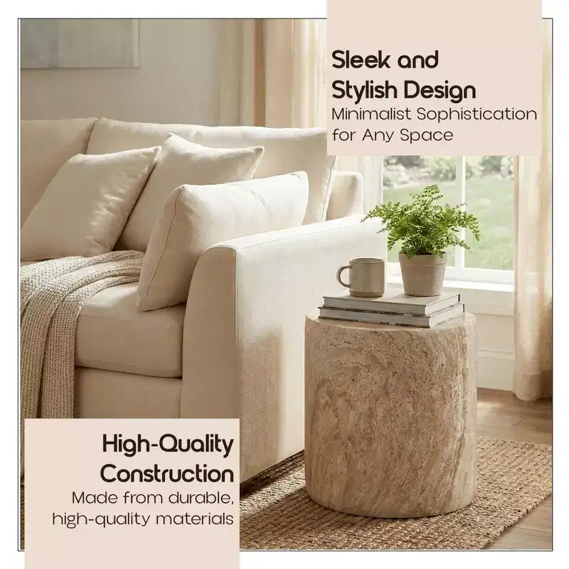 LeisureMod Vintara Round Accent Table - Brushed Stone-Style Fiberstone Side Table
