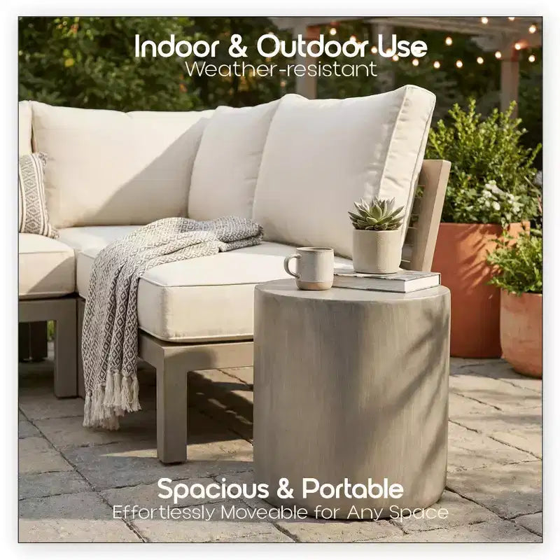 LeisureMod Vintara Round Accent Table - Brushed Stone-Style Fiberstone Side Table