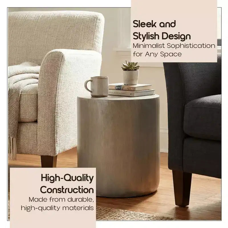 LeisureMod Vintara Round Accent Table - Brushed Stone-Style Fiberstone Side Table