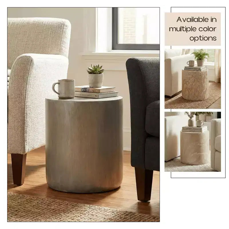 LeisureMod Vintara Round Accent Table - Brushed Stone-Style Fiberstone Side Table