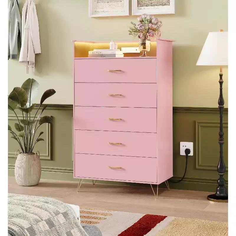 Modern 5-Drawer Tall Dresser for Bedroom, Wood Chest of Drawers with Silent Closing Slides, Water-Resistant White Storage Organizer for Hallway