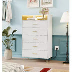 Modern 5-Drawer Tall Dresser for Bedroom, Wood Chest of Drawers with Silent Closing Slides, Water-Resistant White Storage Organizer for Hallway