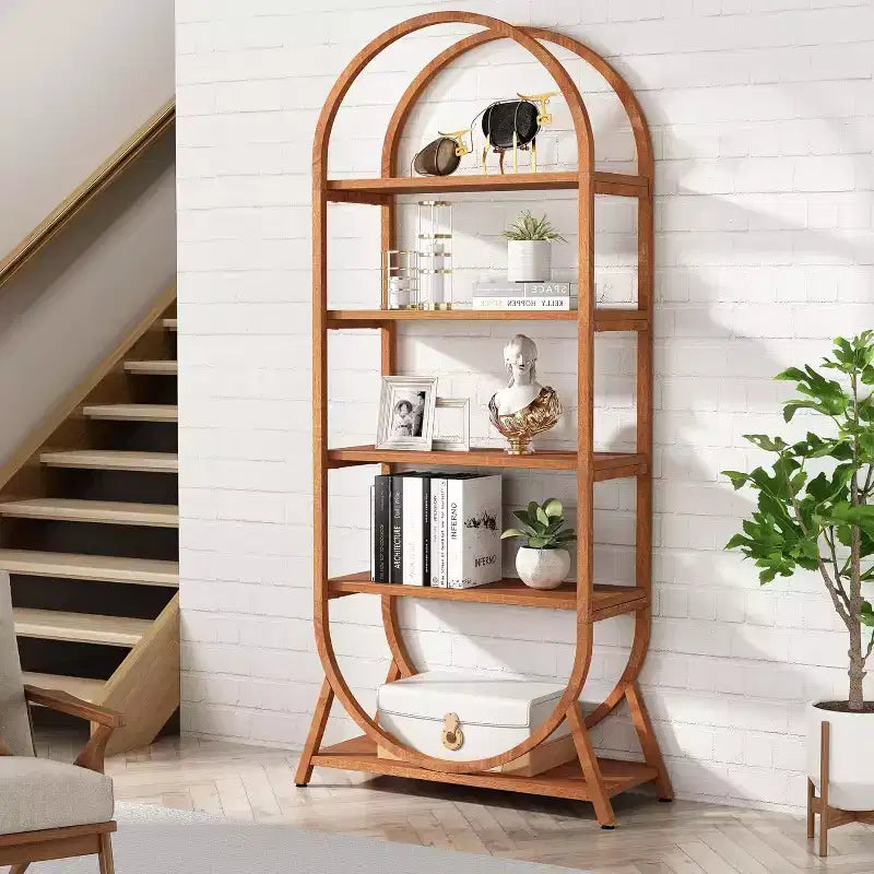 Lantine Bibliothèque ouverte à 5 niveaux de 70,8 pouces, bibliothèque haute arquée, étagères de rangement modernes marron pour bureau, chambre, salon, assemblage facile