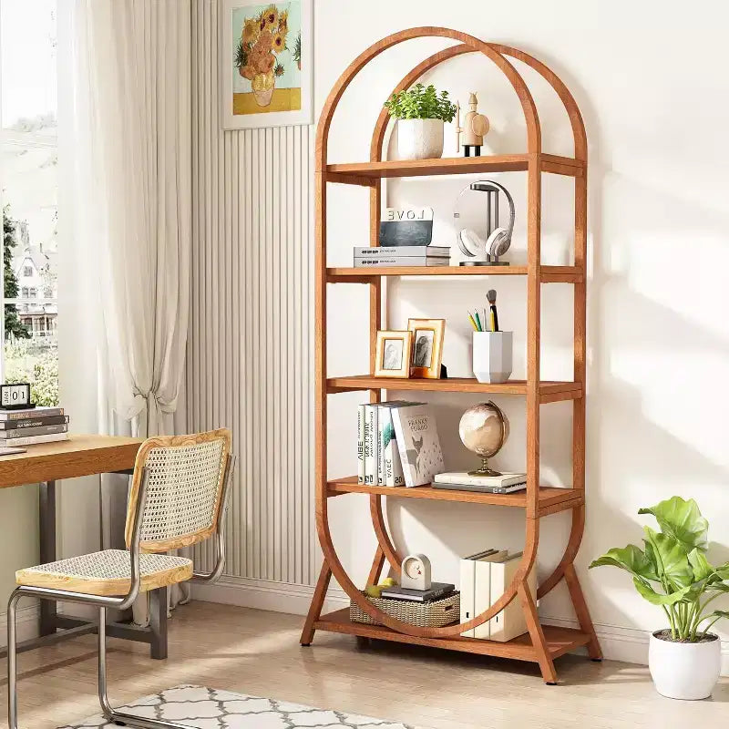 Lantine Bibliothèque ouverte à 5 niveaux de 70,8 pouces, bibliothèque haute arquée, étagères de rangement modernes marron pour bureau, chambre, salon, assemblage facile