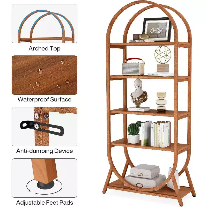 Lantine Bibliothèque ouverte à 5 niveaux de 70,8 pouces, bibliothèque haute arquée, étagères de rangement modernes marron pour bureau, chambre, salon, assemblage facile