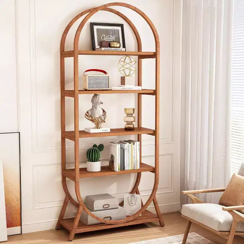 Lantine Bibliothèque ouverte à 5 niveaux de 70,8 pouces, bibliothèque haute arquée, étagères de rangement modernes marron pour bureau, chambre, salon, assemblage facile