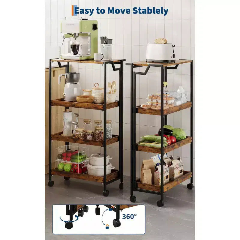 Chariot de rangement pliable en bois à 4 niveaux avec roues verrouillables - Étagère de rangement robuste pour cuisine et garage - Marron