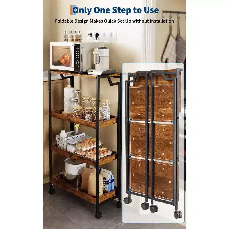 Chariot de rangement pliable en bois à 4 niveaux avec roues verrouillables - Étagère de rangement robuste pour cuisine et garage - Marron