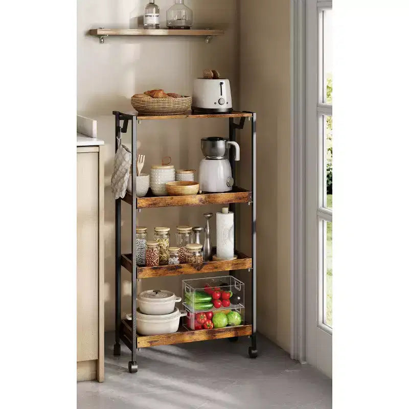 Chariot de rangement pliable en bois à 4 niveaux avec roues verrouillables - Étagère de rangement robuste pour cuisine et garage - Marron