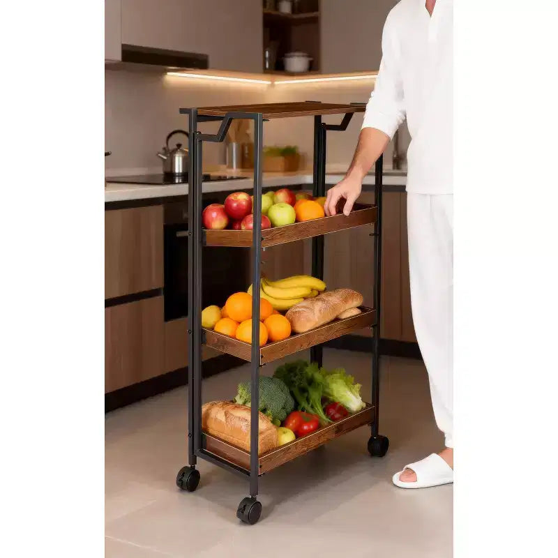 Chariot de rangement pliable en bois à 4 niveaux avec roues verrouillables - Étagère de rangement robuste pour cuisine et garage - Marron