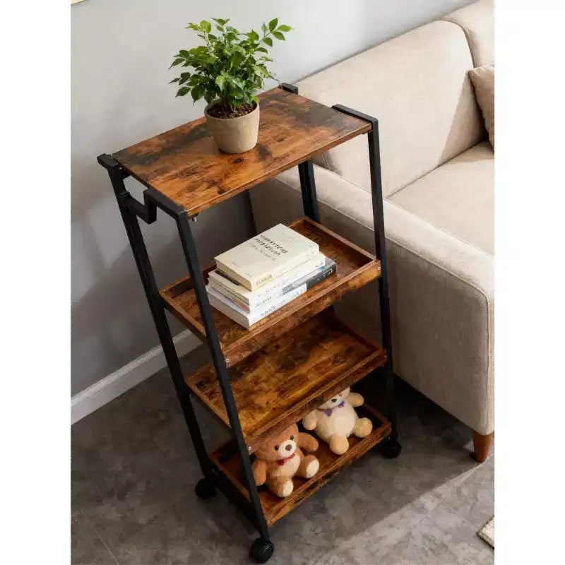 Chariot de rangement pliable en bois à 4 niveaux avec roues verrouillables - Étagère de rangement robuste pour cuisine et garage - Marron