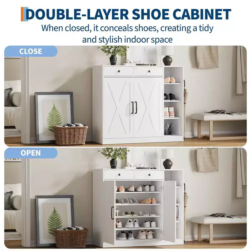 Garvee Farmhouse Shoe Cabinet with 2 Barn Doors & 2 Drawers, 7-Tier Entryway Shoe Storage Cabinet with Adjustable Shelves
