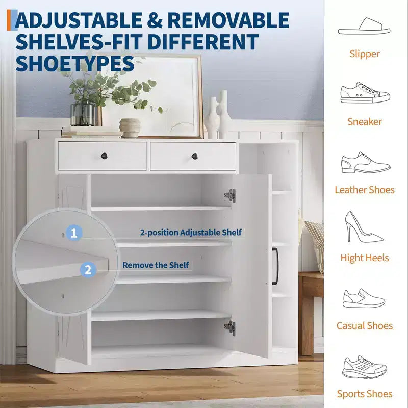 Garvee Farmhouse Shoe Cabinet with 2 Barn Doors & 2 Drawers, 7-Tier Entryway Shoe Storage Cabinet with Adjustable Shelves