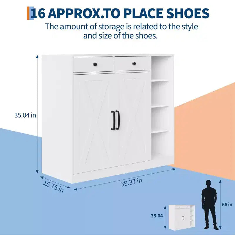 Garvee Farmhouse Shoe Cabinet with 2 Barn Doors & 2 Drawers, 7-Tier Entryway Shoe Storage Cabinet with Adjustable Shelves