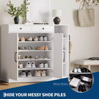 Garvee Farmhouse Shoe Cabinet with 2 Barn Doors & 2 Drawers, 7-Tier Entryway Shoe Storage Cabinet with Adjustable Shelves