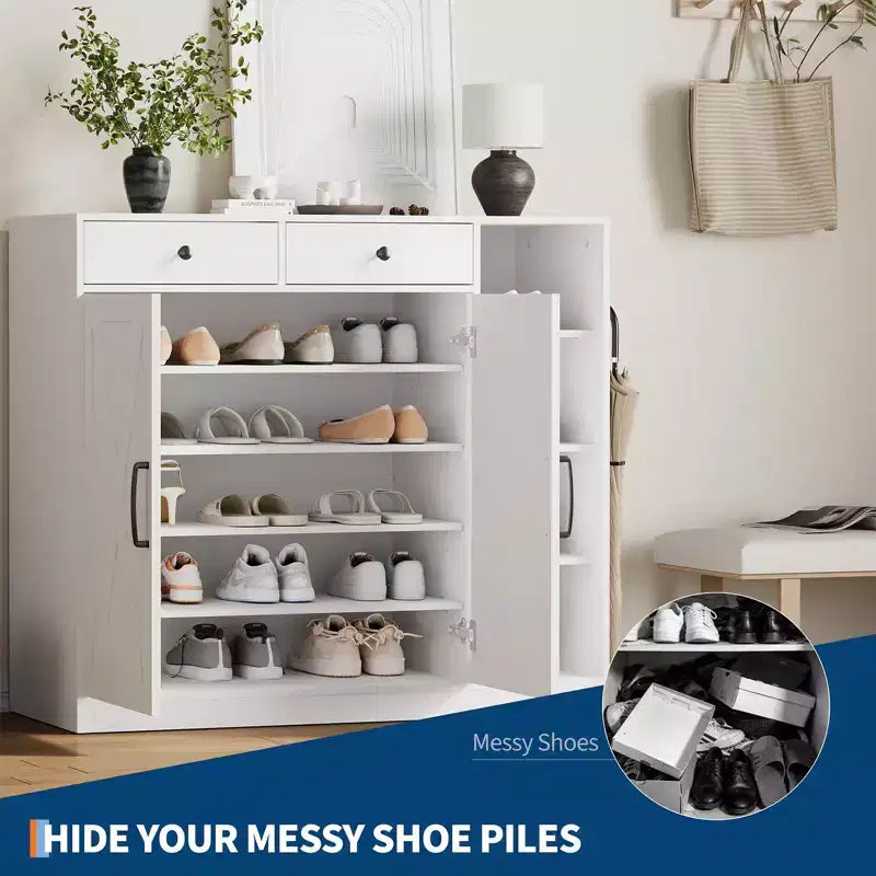 Garvee Farmhouse Shoe Cabinet with 2 Barn Doors & 2 Drawers, 7-Tier Entryway Shoe Storage Cabinet with Adjustable Shelves