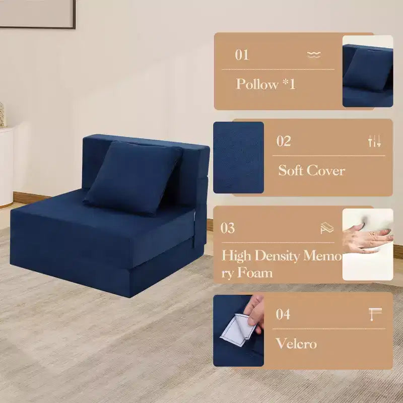 COZONY Folding Sofa Bed, Foldable Couch Bed with Pillow, Convertible Sleeper Mattress, Futon Floor Couch with Memory Foam Washable Cover, Single Size