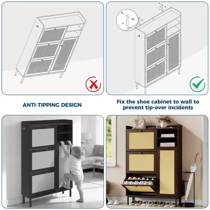 Shoe Cabinet with 3 Flip Drawers and 4 Tier Adjustable Shelves, Natural Rattan Shoe Organizer Storage for Entryway Hallway Closet