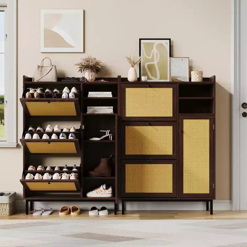 Shoe Cabinet with 3 Flip Drawers and 4 Tier Adjustable Shelves, Natural Rattan Shoe Organizer Storage for Entryway Hallway Closet