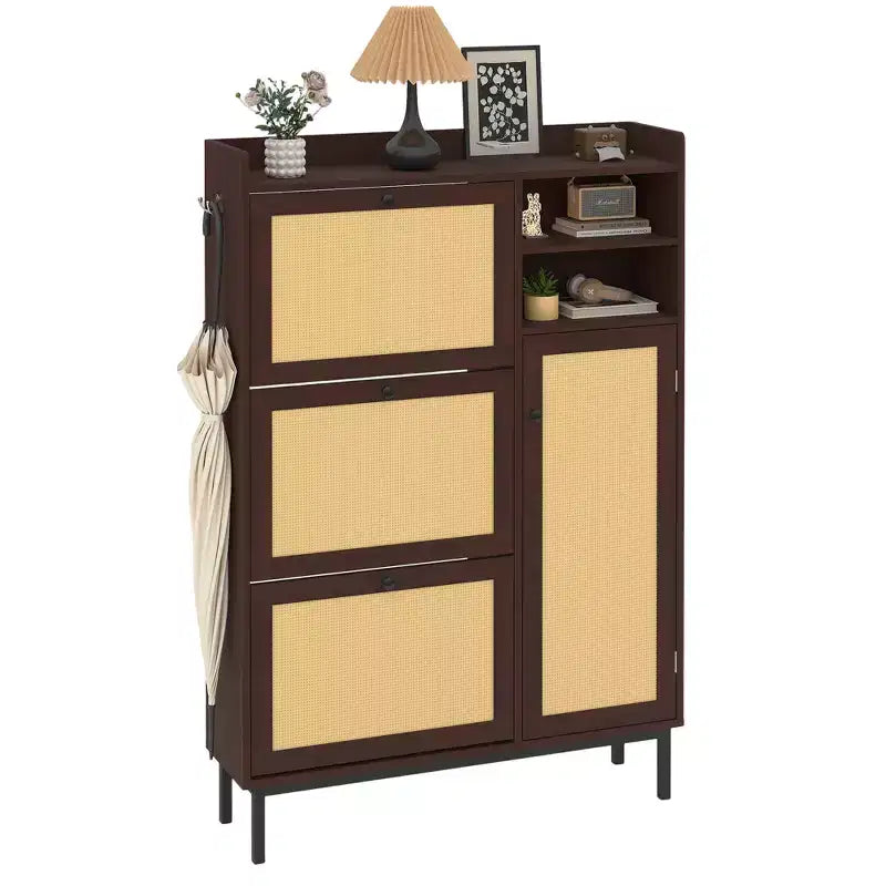 Shoe Cabinet with 3 Flip Drawers and 4 Tier Adjustable Shelves, Natural Rattan Shoe Organizer Storage for Entryway Hallway Closet