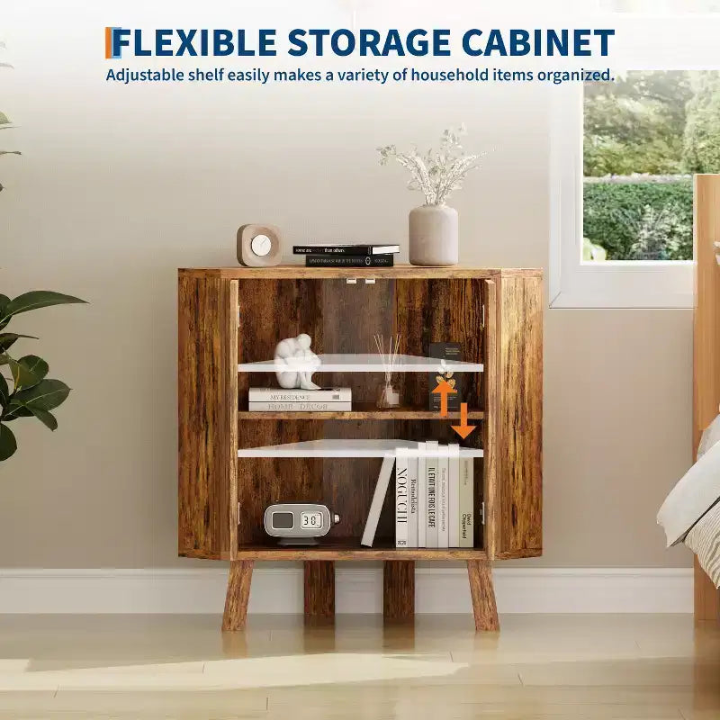 Industrial style corner storage cabinet - three layers, adjustable shelves, compact standalone furniture, suitable for living room and bedroom
