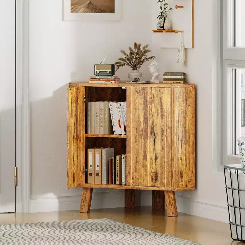 Industrial style corner storage cabinet - three layers, adjustable shelves, compact standalone furniture, suitable for living room and bedroom