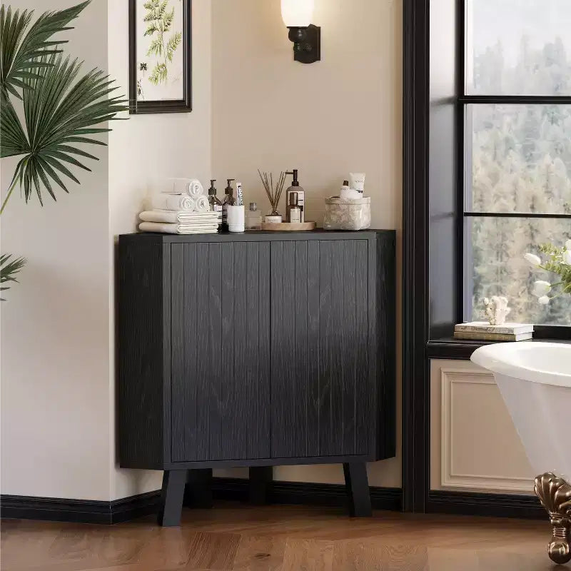 Industrial style corner storage cabinet - three layers, adjustable shelves, compact standalone furniture, suitable for living room and bedroom