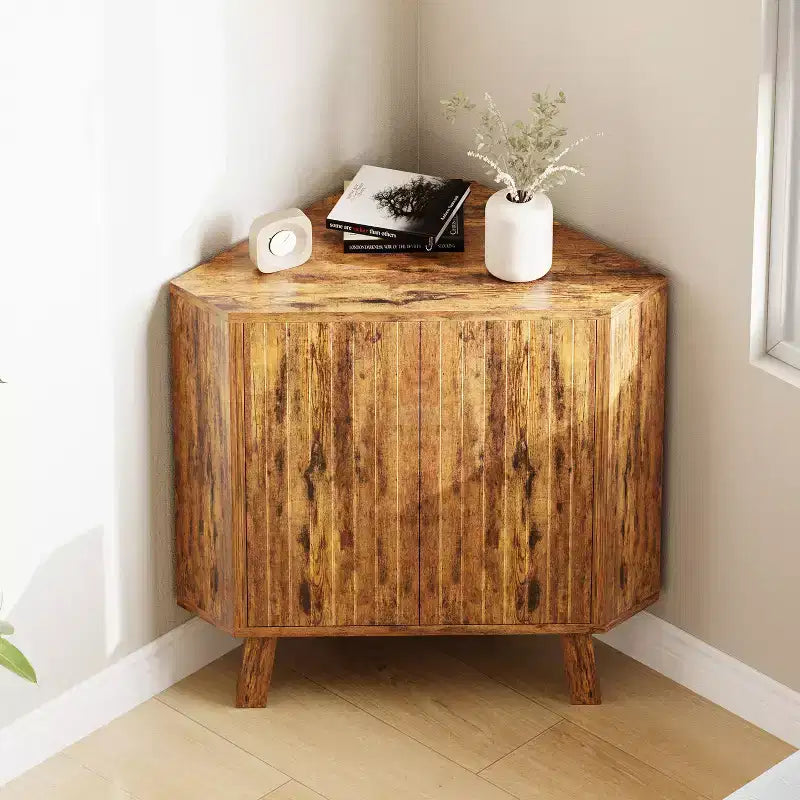 Industrial style corner storage cabinet - three layers, adjustable shelves, compact standalone furniture, suitable for living room and bedroom
