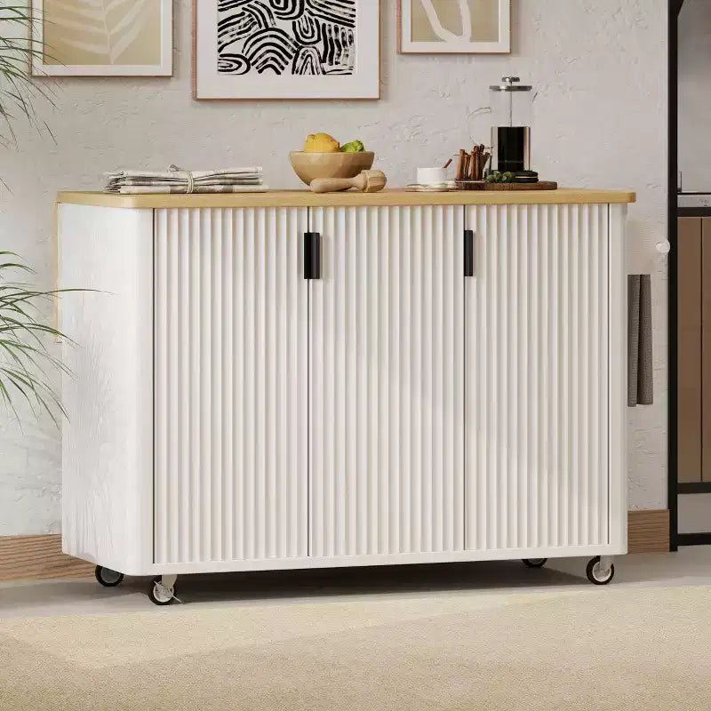 JVNOXK 51-inch Recessed Farmhouse-Style Kitchen Island with Folding Table Top Towel Rack and Rolling Cart, Suitable for Kitchens, White Ash Wood