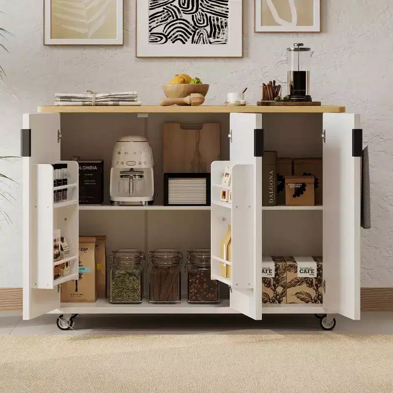 JVNOXK 51-inch Recessed Farmhouse-Style Kitchen Island with Folding Table Top Towel Rack and Rolling Cart, Suitable for Kitchens, White Ash Wood
