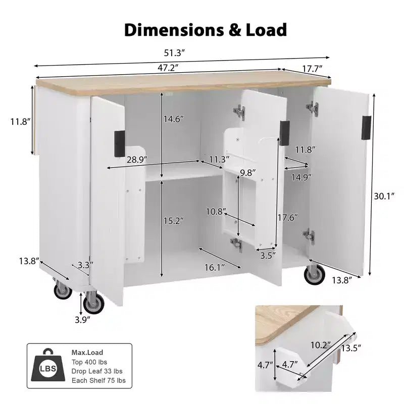 JVNOXK 51-inch Recessed Farmhouse-Style Kitchen Island with Folding Table Top Towel Rack and Rolling Cart, Suitable for Kitchens, White Ash Wood