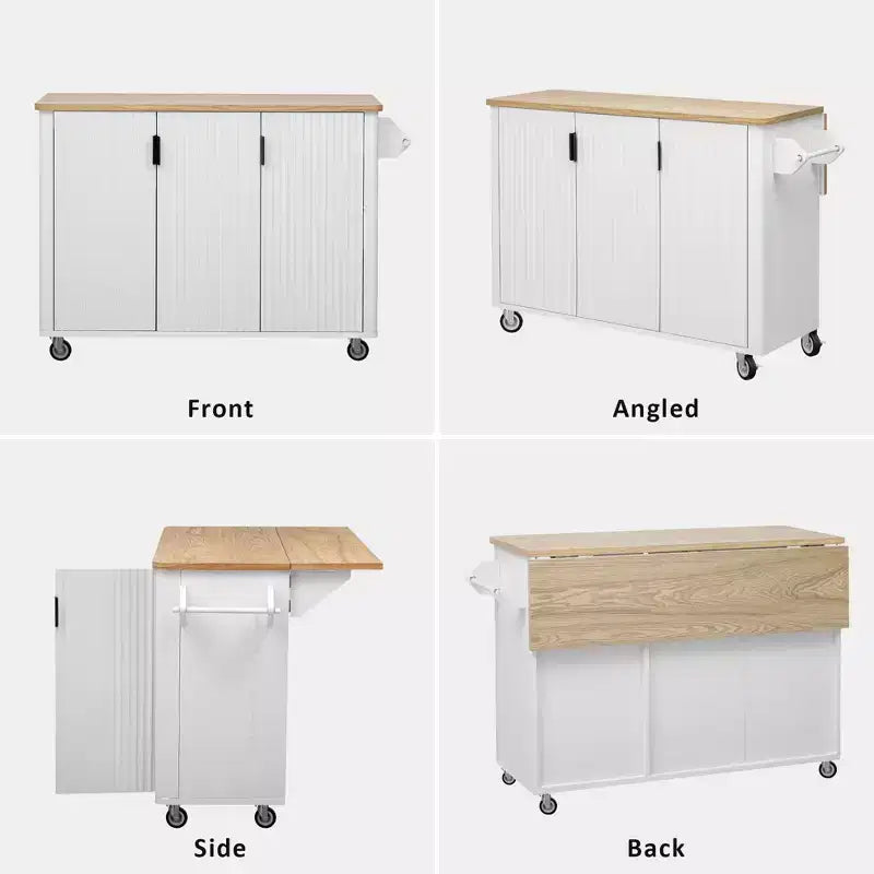 JVNOXK 51-inch Recessed Farmhouse-Style Kitchen Island with Folding Table Top Towel Rack and Rolling Cart, Suitable for Kitchens, White Ash Wood