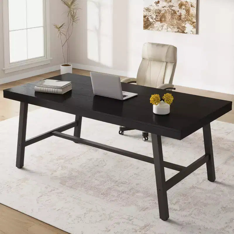 Grande Table à Manger Noire 71, Plateau en Bois avec Cadre Métallique Robuste, Table à Manger, Table pour 6 à 8 Personnes pour Cuisine, Salle à Manger, Réunions Familiales