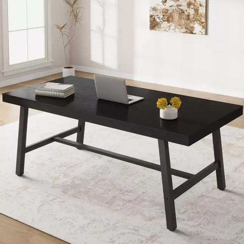 Grande Table à Manger Noire 71, Plateau en Bois avec Cadre Métallique Robuste, Table à Manger, Table pour 6 à 8 Personnes pour Cuisine, Salle à Manger, Réunions Familiales