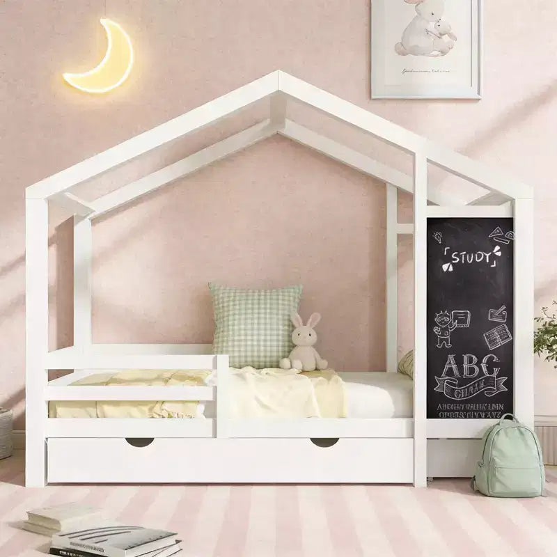 Luxystar House Bed With 2 Large Drawers, Chalkboard and Fence, White