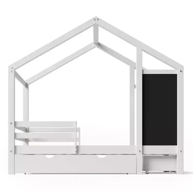 Luxystar House Bed With 2 Large Drawers, Chalkboard and Fence, White