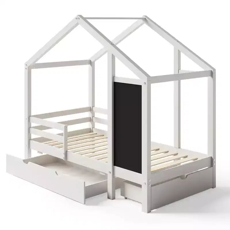 Luxystar House Bed With 2 Large Drawers, Chalkboard and Fence, White