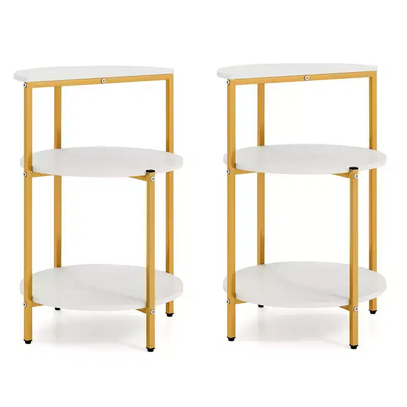 Costway Lot de 2 tables d'appoint rondes à 3 niveaux avec étagères de rangement et cadre en métal pour chambre à coucher