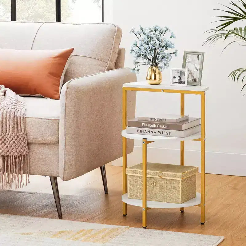 Costway Lot de 2 tables d'appoint rondes à 3 niveaux avec étagères de rangement et cadre en métal pour chambre à coucher