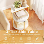 Costway Lot de 2 tables d'appoint rondes à 3 niveaux avec étagères de rangement et cadre en métal pour chambre à coucher