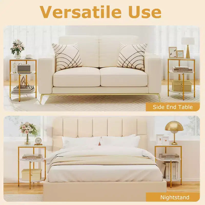 Costway Lot de 2 tables d'appoint rondes à 3 niveaux avec étagères de rangement et cadre en métal pour chambre à coucher