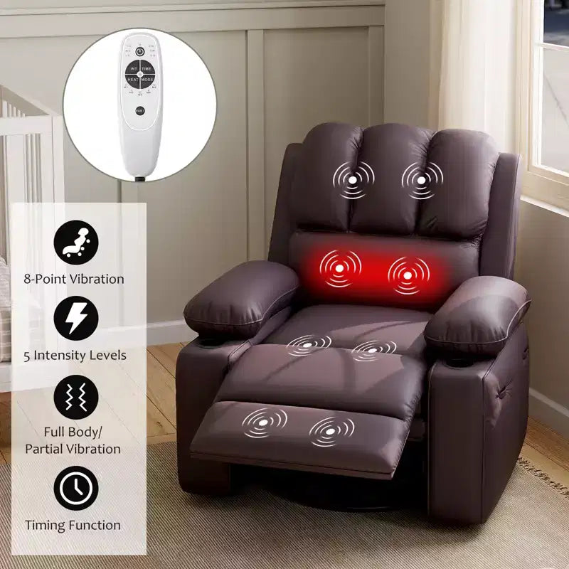 360 Swivel Recliner Chair with Massage  PU Leather Manual Reclining Sofa, Cup Holders & Side Pocket, for Living Room