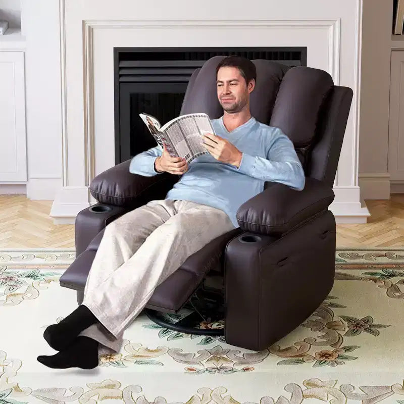 360 Swivel Recliner Chair with Massage  PU Leather Manual Reclining Sofa, Cup Holders & Side Pocket, for Living Room