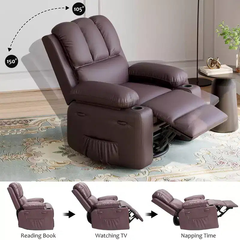 360 Swivel Recliner Chair with Massage  PU Leather Manual Reclining Sofa, Cup Holders & Side Pocket, for Living Room