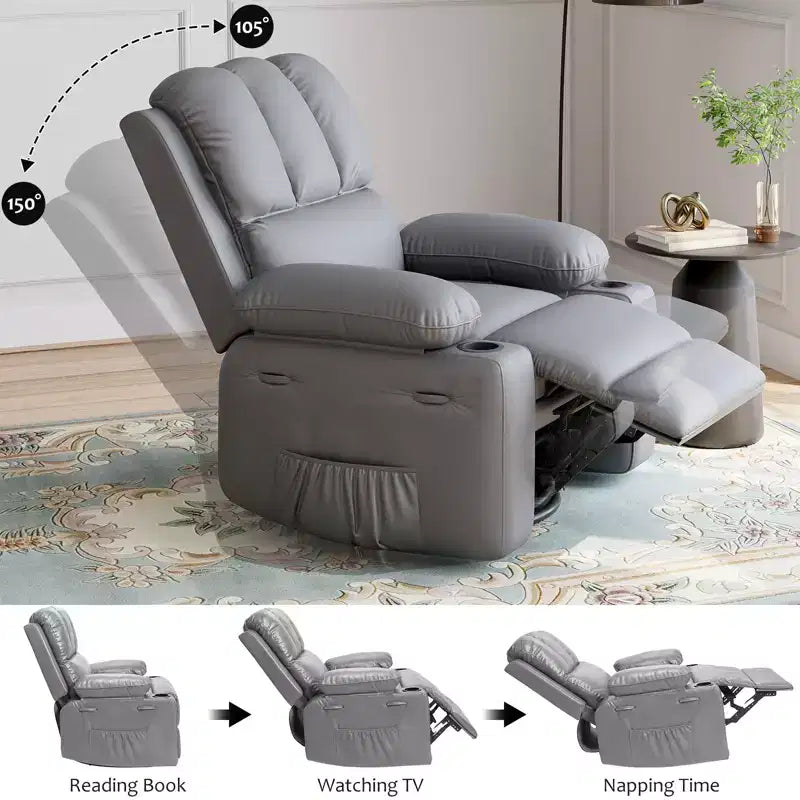 360 Swivel Recliner Chair with Massage  PU Leather Manual Reclining Sofa, Cup Holders & Side Pocket, for Living Room