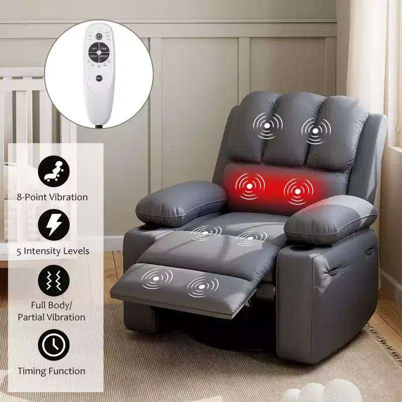 360 Swivel Recliner Chair with Massage  PU Leather Manual Reclining Sofa, Cup Holders & Side Pocket, for Living Room