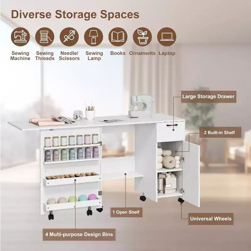 Meuble de machine à coudre pliant avec roulettes, table d'artisanat peu encombrante avec étagères de rangement et tiroir, bureau organisateur roulant pour chambre, petits espaces