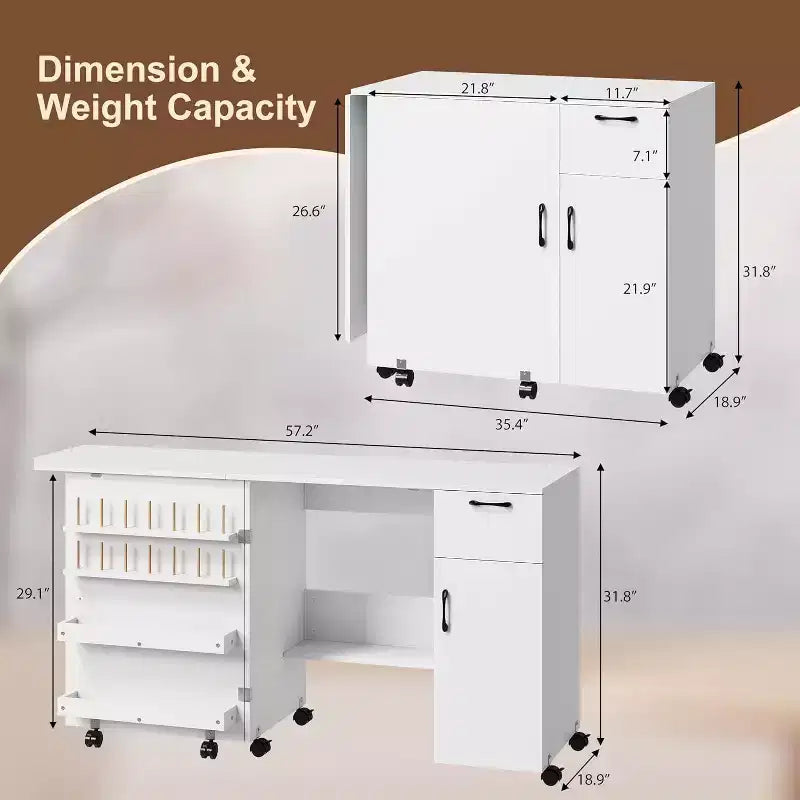 Meuble de machine à coudre pliant avec roulettes, table d'artisanat peu encombrante avec étagères de rangement et tiroir, bureau organisateur roulant pour chambre, petits espaces